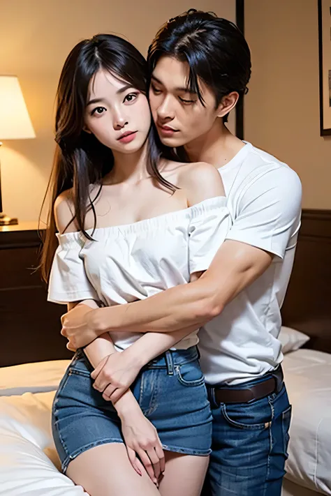 masterpiece，Highest quality，Advanced Details，1 male，1 female，((Hotel Bedroom:1.4))、((Japanese woman with straight medium-long hair:1.4))，((A woman wearing a white short-sleeved off-the-shoulder cotton shirt and a denim miniskirt:1.4))，Japanese middle-aged ...