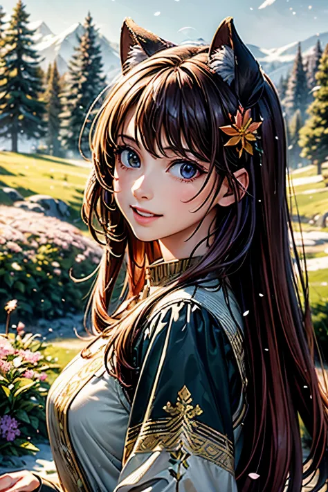 Prompt: masterpiece, best quality, ultra-detailed, 1girl, detailed water, long hair, corkscrew curls, red hair, light grey eyes, (close-up), maple trees, everywhere mistletoe, gorgeous, maple and spruce trees, cherry, cherry tree, smile, view from front, w...