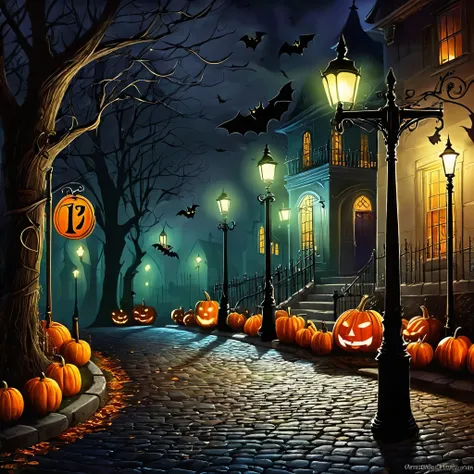 Illustrate a dark, mysterious street on Halloween night. Populate it with excited trick-or-treaters in costumes under the glow of lampposts. Shadows should hint at hidden surprises.