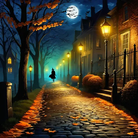 Illustrate a dark, mysterious street on Halloween night. Populate it with excited trick-or-treaters in costumes under the glow of lampposts. Shadows should hint at hidden surprises.