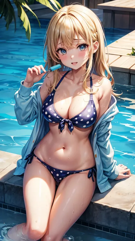 (highest quality)), ((masterpiece)), (family friendly), Perfect Face,Shiny skin,Beautiful breasts,Kyoto Animation style drawing,Shiny skin、hoodie、Sunburned skin、Sweat、Off the shoulder、((Polka dot swimsuit))、Double teeth、Sit on a chair、Leg spread
、Young、Big...