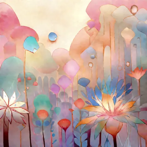 Draw an abstract painting of a flower.,Light dandelion fluff、Aesthetic composition，simple style, Soft and warm touch、The main color palette of the work is soft pastel colors.、When looking at this picture, you、interplay of color and texture、Immerse yourself...