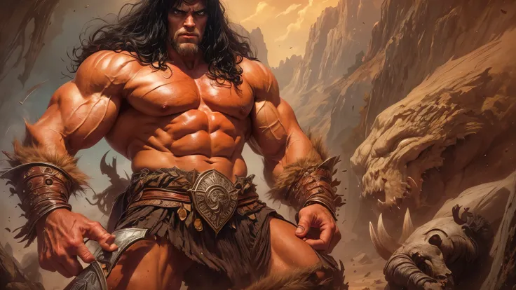 Extremely muscular man, chiseled features, washboard stomach, detailed hands, one thumb on each hand, four fingers on each hand, dark hair, detailed eyes, fierce expression, massive monster in the background, conan the barbarian, frank frazetta style paint...