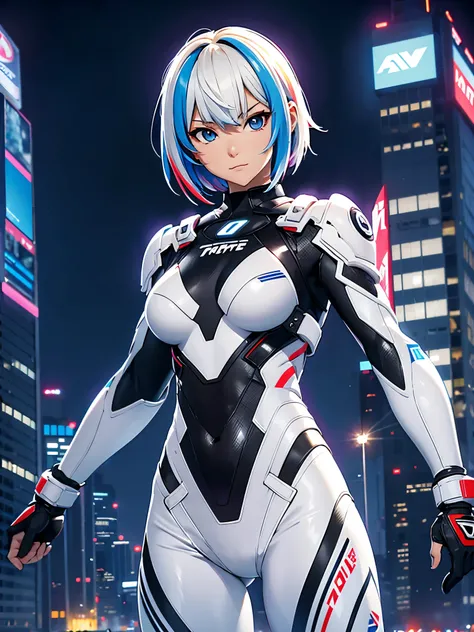 best qualityer，tmasterpiece，Ultimate resolution，downy，Extremely colorful，Colorful，Women combatants，a matural Japanese female，Black super short hair，Tight combat suit，white suit, tightsuit，Steel City background，the night，Normal posture，Normal posture