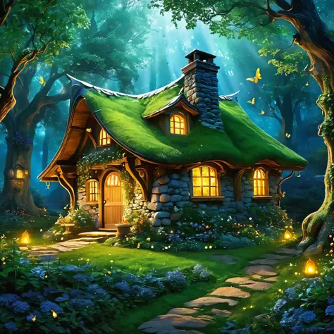 Create an image of a hidden witchs cottage deep in the woods, surrounded by gnarled trees and glowing fireflies. Give it an aura of enchantment and mystery