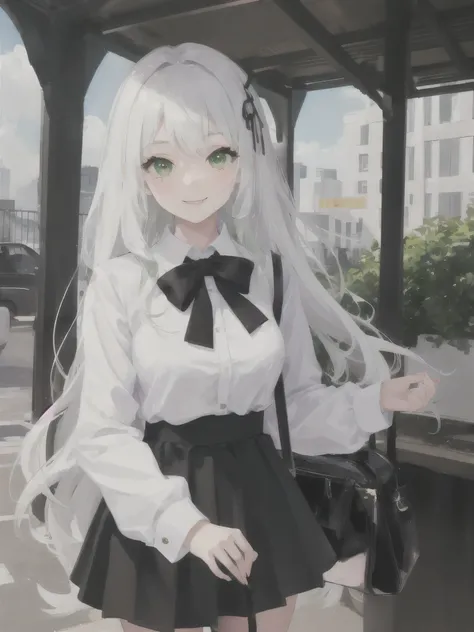 1girl, white long hair, green eyes, black , White shirt, black tie, black skirt, smile,