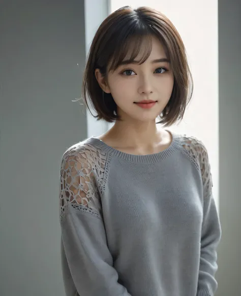 Best quality，masterpiece，Ultra-high resolution，(Realism:1.5)，original photo，1 Girl，Lower shoulder，in the darkness，Deep Shadows，Low profile，Openwork sweater，Cold Light，Attractive appearance，short hair，Half-length photo，Smile