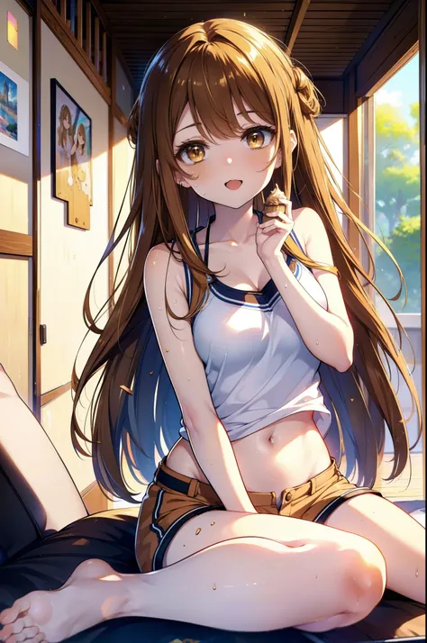 a sun ayuuki, a sun a yuuki, Long Hair, Brown Hair, (Brown eyes:1.8), Sweat,濡れたTank top,Tank top,Belly button,happy smile, smile, Open your mouth,Shorts,barefoot,Sitting on the sofa,Holding an ice cream in one hand,noon,Clear skies,
Break indoors,room,
壊す ...