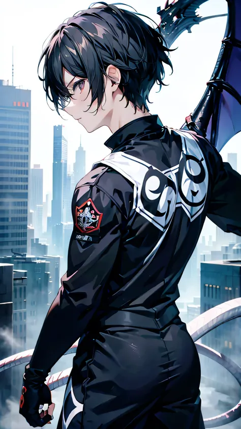 profile background, anime boy, serious face, black hair, grey eyes, martial arts clothing, with a blue dragon behind, high-res portrait, detailed eyes and face, character, fantasy, advanced urban, looking from behind at viewer, 4K, high resolution