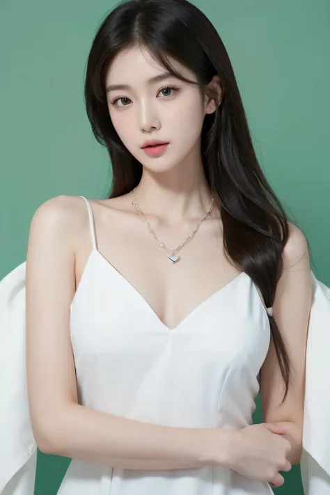 28-year-old Korean woman, fairly pretty, intelligent and elegant, hair is raw and long to the shoulders. Very bright eyes. Heart-shaped necklace, white dress, frontal camera view, upper body shot.
Green background, 3:5 ratio