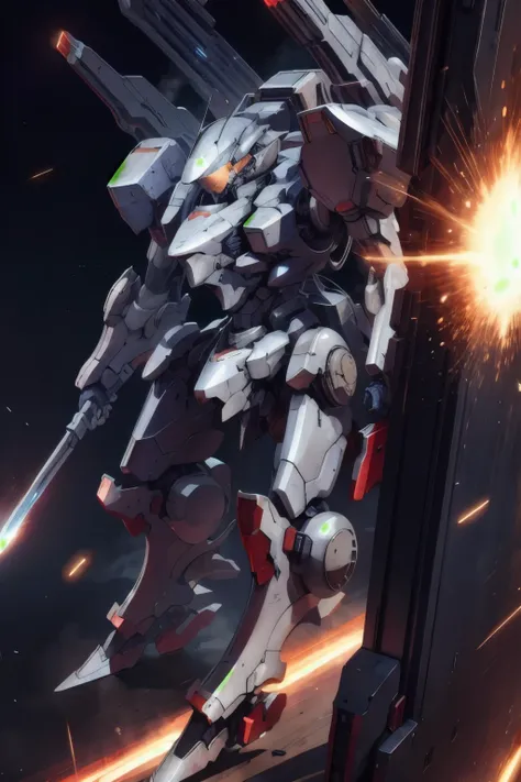 the armored core with spear, was being saturated by enemy fire; the support shield was in tatters in space combat.