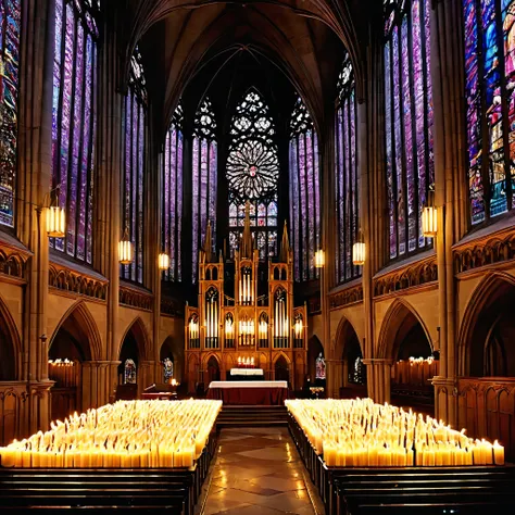 Design a breathtaking cathedral interior with rows of flickering candles, stained glass windows, and a choir singing Christmas carols.