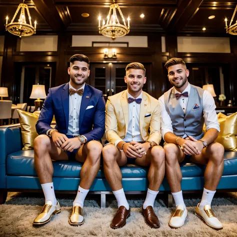 full view full body, 2 young white over-musuclar guys in preppy outfit, blazers, shorts, long white socks and preppy loafers, golden siglet rings, preppy undercut haircut, one blonde and the other one light-brown haired, belonging to The Slag Duroc Fratern...