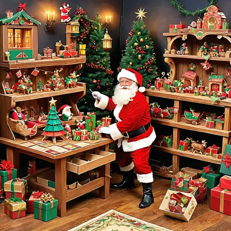 Create an image of Santas bustling workshop, filled with busy elves crafting toys. Show piles of presents and intricate details.