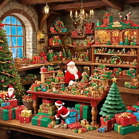 Create an image of Santas bustling workshop, filled with busy elves crafting toys. Show piles of presents and intricate details.