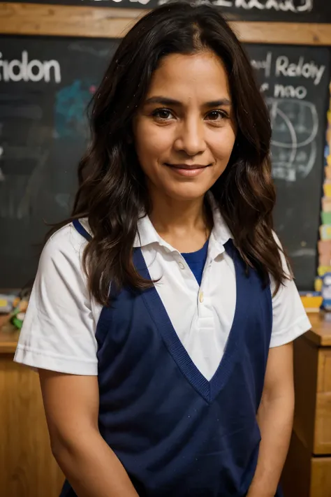 primary school teacher portrait, 60 year old Peruvian, with blue apron, dark brown eyes, dark brown hair, medium and wavy, He is at school with his happy 8-year-old students.