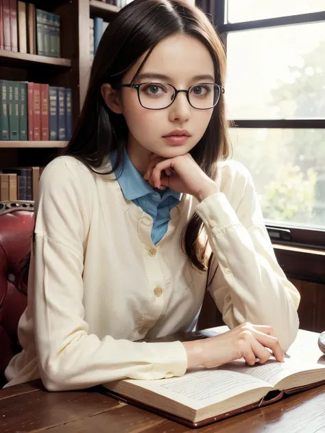 (RAW Photos, Highest quality), (Glasses), masterpiece, Natural light, 1 Girl, Academic, Glasses, Female Model, library, Old Books, Wooden bookshelf, Academic atmosphere, Pen and notebook, peacefulness, Intellectual atmosphere, Antique style, head shot
