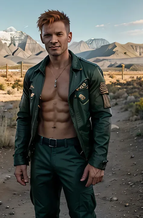 muscular man, certain body, Gold rings on all fingers, light blue gangster jacket, black shirt under jacket, Long army pants in green, Brown military boots, evil smile, spiky orange hair, dirty hair, short hair, yellow eyes, Desert landscapes with majestic...