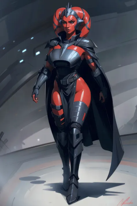 Brutal Red Skin Twilek with huge breasts wearing futuristic ((sleek (black) armor, black armor)) robes, cowl, crown, helmet, cape, huge breasts, slim hips, small waist, full-body shot