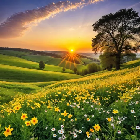 Design a breathtaking sunrise over an Easter landscape, with the suns rays illuminating fields of wildflowers and a peaceful countryside.