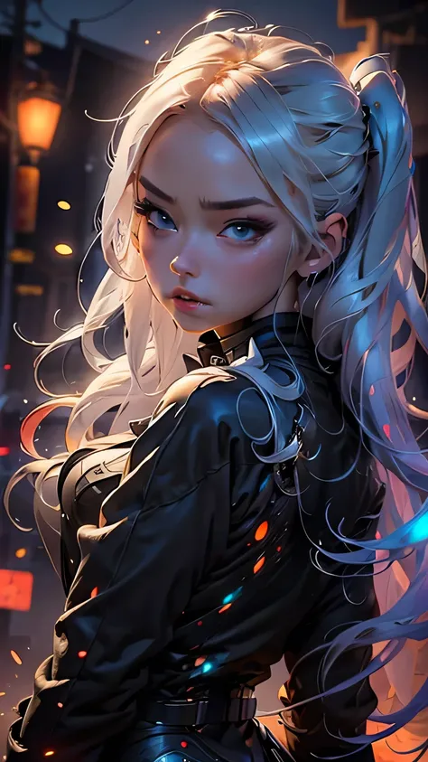 ((masterpiece)), (最high quality), (detailed), (One girl), (Internal Data Stream) Light blue gradient hair, Glowing black eyes, Straight hair, Wearing a modern white shirt and black dress, Covered in data particles, Locked around the neck､masterpiece, 最high...