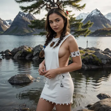 May - Lofoten Islands, Norway
A woman named LaGermania poses for a chic calendar photoshoot on a remote island in the Lofoten Islands, Norway during May. She stands amidst rugged cliffs and pristine fjords, with snow-capped peaks and Arctic beaches stretch...