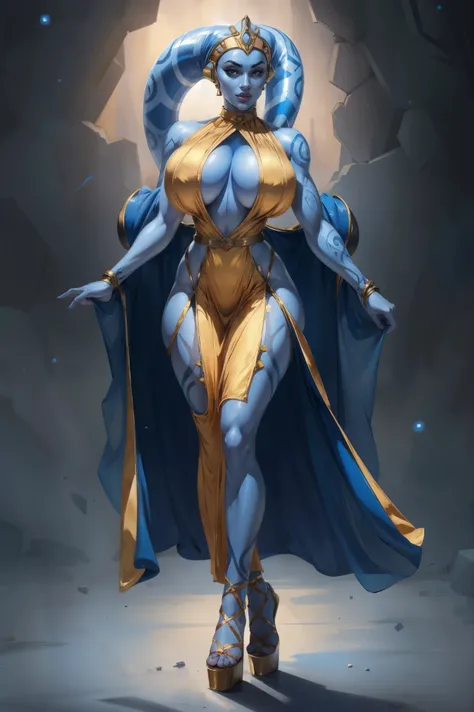 Tall Blue Skin Twilek with (huge breasts) wearing a tight short gold cocktail dress, short dress, high neck, sleeveless, (keyhole cleavage), tattoos, large natural breasts, cleavage, long legs, toned, slim hips, small waist, full-body shot