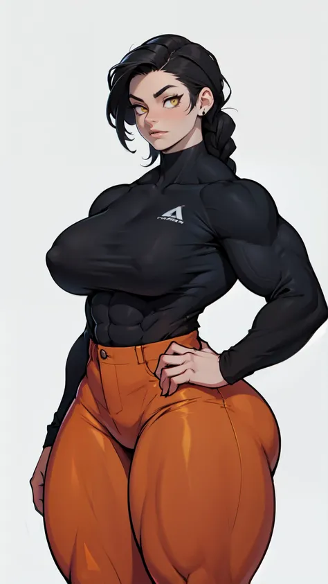 girl ((((muscular 1girl)))) ((((thick thighs toned body)))) (pale skin) black hair yellow eyes very long hair long sleeve tight t-shirt tight pants (french braid) massive breasts