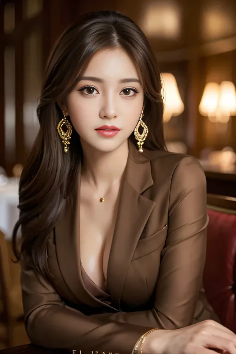 masterpiece, Highest quality, Realistic, Very detailed, Finer details, High resolution, 8k wallpaper, One beautiful woman,Wear a nice suit, In a great restaurant, At night, Light brown messy hair, Perfect dynamic composition, Beautiful and beautiful eyes、B...