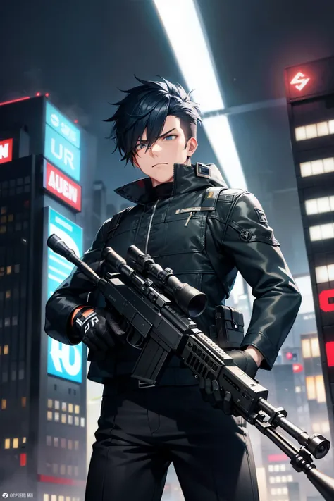 Sniper Man, with sharp features and a stern expression, is situated in an urban landscape. His hair, styled short and spiky, contrasts with his intense gaze fixed through the crosshairs of his high-powered rifle. The rifle itself is a sleek, metallic weapo...