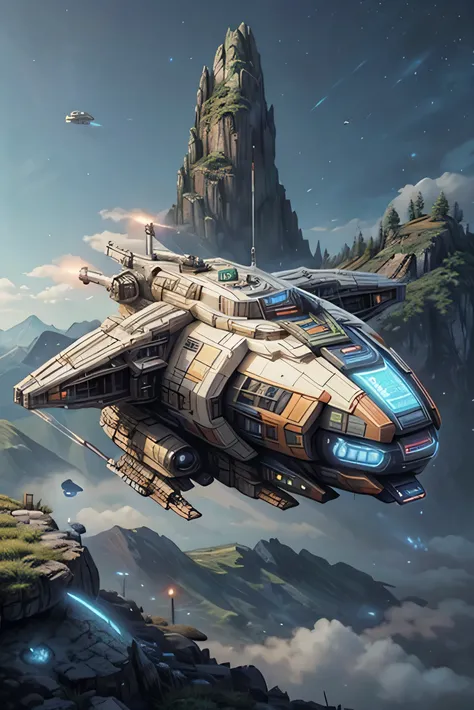 spaceship flying over a mountain with sky background, verdant exoplanet, science fiction spaceship, science fiction fantasy art (another angle)