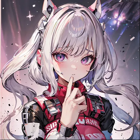 4k, masterpiece, ultra HD, Alice, perfect Anatomy, perfect hands, Galaxy on eyes, silver hair, smug, looking to viewer, embarrased, Full body suit, perfect body, face focus