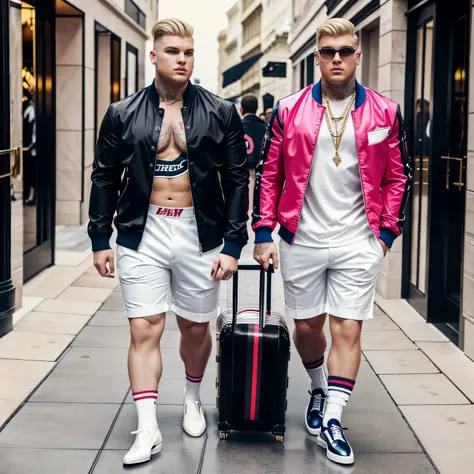 Two big gay white boys hyper-styled at the height of hyper-fashion, Louboutin men hype chunky loafers, long designered socks, hype styled shorts,and jackets, jewelry and hyper-stylish undercut and colored haircuts, fight in a luxury store for the same pair...