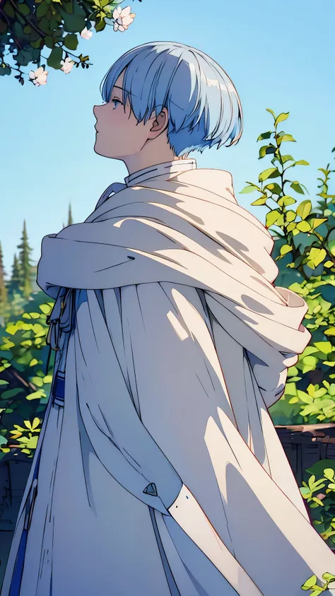 himmel、white hoodie、forest、upper body、profile、looking up at the sky、male、solo、masterpiece、highest quality