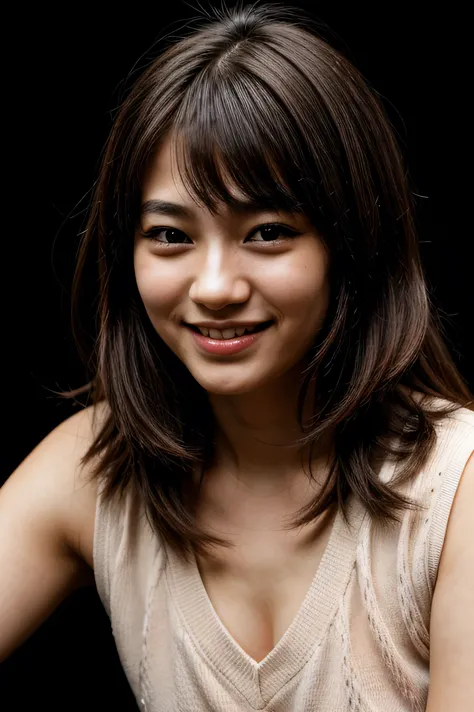 face perfect, beautiful face of a 14 year old Japanese , Smiling beautiful, with black background 