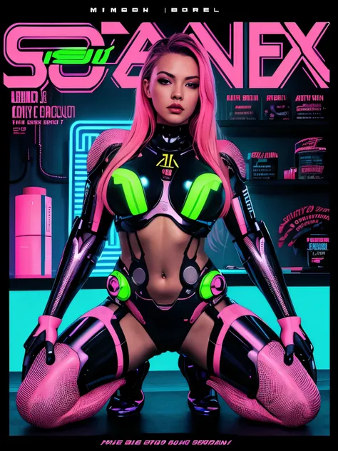 sexy female cyborg, magazine cover, poster art , hint of neon vibrant, bold huge text, matted design layout.