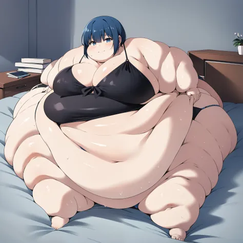 A very obese big girl, ((blob)), short blue hair, black bikini, perfect body, in a room lying on a bed, very fat limbs, a big fat belly, big breasts, big ass