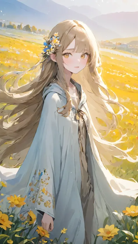 (masterpiece:1.2、Highest quality)、Hmph、Intricate details、One Girl、albino、Light brown eyes、beautiful brown long-haired、Silky straight hair、Twilight Look、Long Grey Poncho、(((Outdoor、Flower Field、Colorful flowers々)))、Natural light、Faint lighting