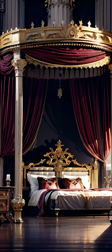 Best quality, masterpiece, ultra high res, raw photo, beautiful and aesthetic,deep shadow, dark theme,(ultra detailed:1.3), divine, royal bedroom, indoors, luxurious palace, medieval bedroom, canopy bed, full of curtains, pillows, jewelry, candlelight, que...