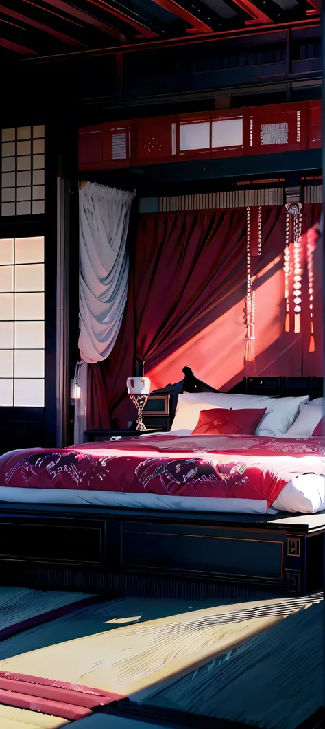 Best quality, masterpiece, ultra high res, raw photo, beautiful and aesthetic,deep shadow, dark theme,(ultra detailed:1.3), divine, royal bedroom, indoors, luxurious palace, canopy bed, full of curtains, pillows, jewelry, candlelight, queen bedrooms, pink ...