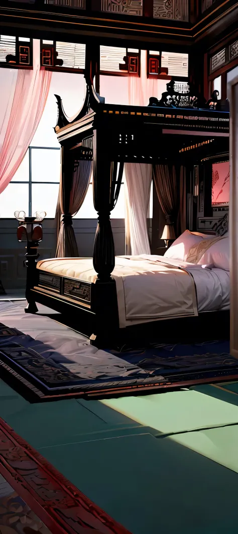 Best quality, masterpiece, ultra high res, raw photo, beautiful and aesthetic,deep shadow, dark theme,(ultra detailed:1.3), divine, royal bedroom, indoors, luxurious palace, canopy bed, full of curtains, pillows, jewelry, candlelight, queen bedrooms, pink ...