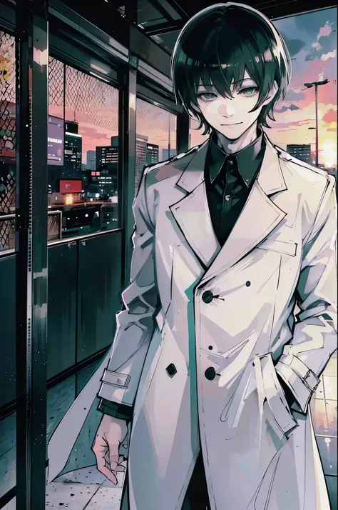 young man, black medium hair, green eyes, smiling, medium hair, wearing a pure white trench coat, wearing black pants, in one city, 4k, detailed, sui ishida art style, detailed eyes, in a sunset city