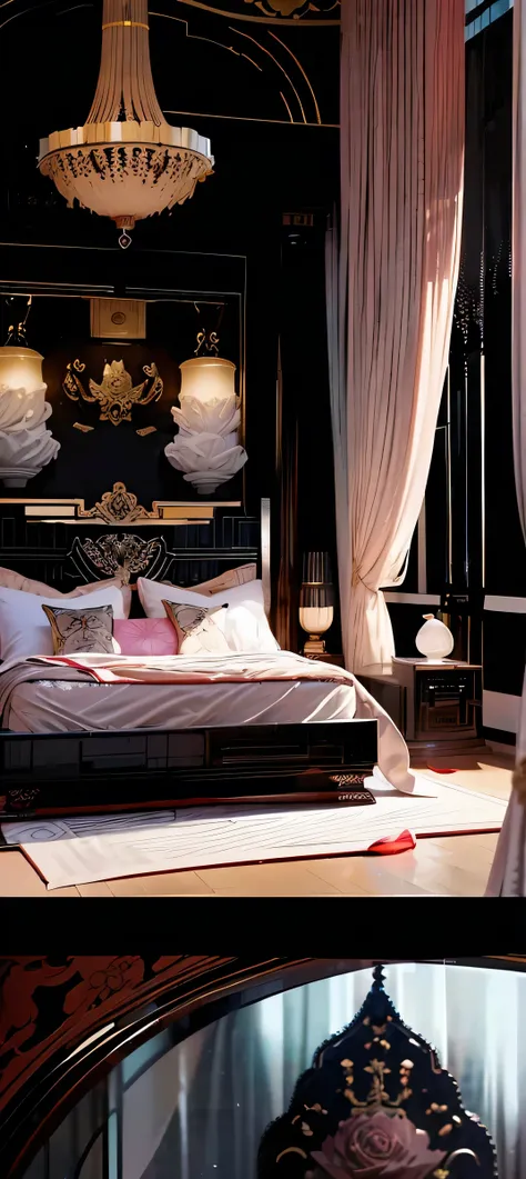 Best quality, masterpiece, ultra high res, raw photo, beautiful and aesthetic,deep shadow, dark theme,(ultra detailed:1.3), divine, royal bedroom, indoors, luxurious palace, canopy bed, full of curtains, pillows, jewelry, candlelight, queen bedrooms, pink ...