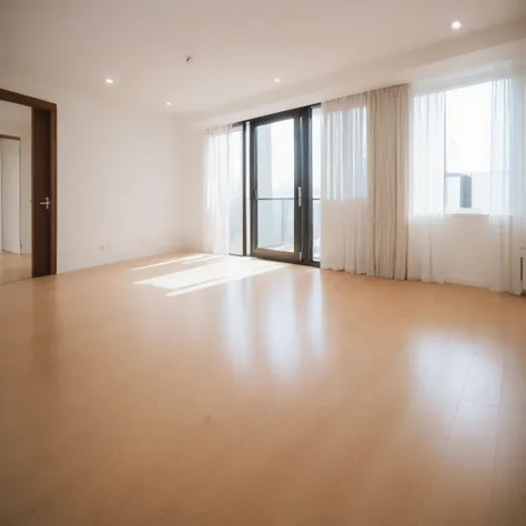 Imagine a minimalist and modern empty room interior.。Flooring。It&#39;s a room with white walls.。The room is bright and bright.、Natural light comes in through the windows。One-room apartment for single people。