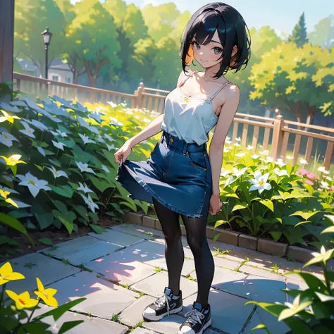 (high quality, High resolution, Very detailed, reality:1.37), Peaceful atmosphere, (Outdoor, garden), Teenage girl standing alone, (my breasts are big.), Beautiful details, Cute Smile, (Black bob hair), camisole, Denim skirt, Black tights, sneakers.