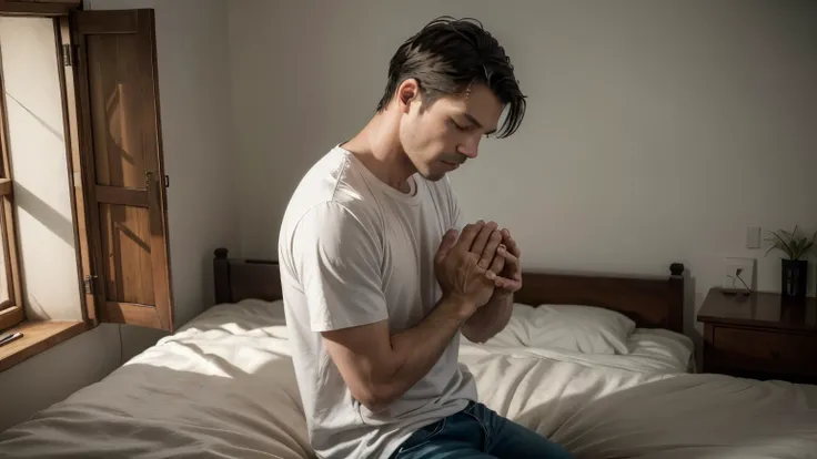 "one  men, around 45 years old, on his knees, praying fervently in a serene and calm environment. He is wearing a simple white shirt and jeans, with hands clasped in prayer and eyes closed. The expression on his face is one of deep concentration and faith....