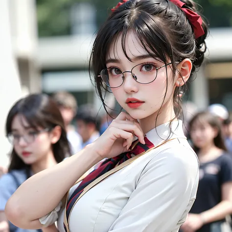 meishaonv, haifeisi, photorealistic, 
(Wearing glasses:1.3)、RAW Photos、Realistic、(Super detailed:1.2)、(High resolution)、masterpiece、(Highest quality)、8K、Beautiful and well-proportioned face、(Perfect Anatomy:1.2)、One Japanese woman、blazer、School Shirts、Tie ...