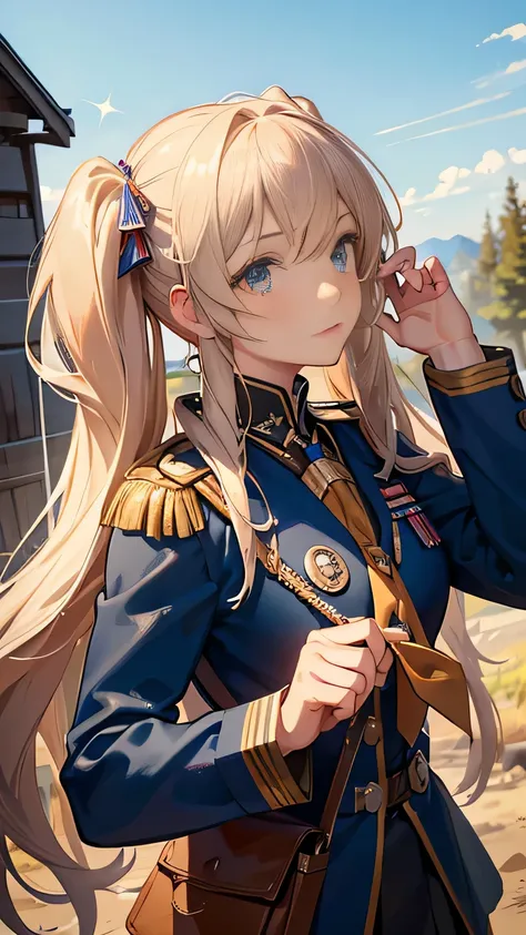 ((best quality)), ((masterpiece)), (detailed face and eyes), detailed hands and fingers, perfect face, accurate, textured skin, high details, gradient hair, hair between eyes, twintails, big hair, hair over eyes, anime, sparkle, Military uniform, military ...