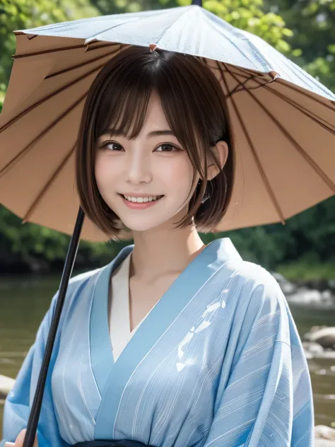 closeup shot , Best picture quality (8K, high resolution, Masterpiece: 1.2), super detailed,  215 Short Hair, 16-year-old woman, 

situation: Along the river path、A woman in kimono is walking with a Japanese umbrella。
clothing: Light blue kimono、Wave patte...