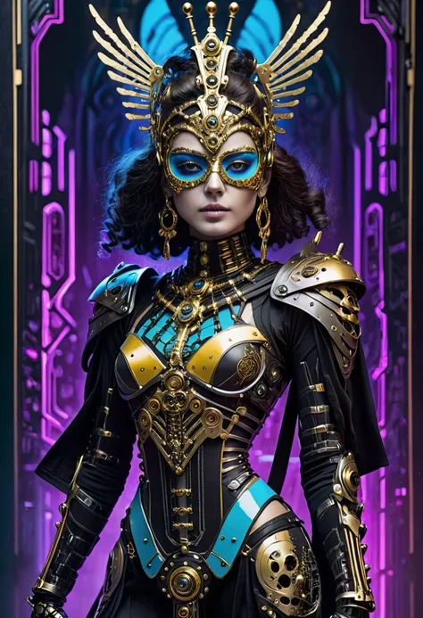 tarot card, chiaroscuro technique on sensual illustration of an queen of sword, a teenage fashion model wearing an exo-skeleton mask, vibrant colors, futuristic cyberpunk style, intricate details, cinematic lighting, dramatic pose, an elegant complex bio m...